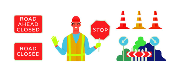 Male Worker in Uniform and Helmet in with Stop Sign, Various Traffic Cones, Road Closed, Road Closed Ahead Signs, Nature Background. Modern Flat Vector Illustration. Social Media Template.