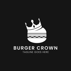 Burger with crown logo. Hamburger restaurant design, flat design, Big burger and crown on a dark background.