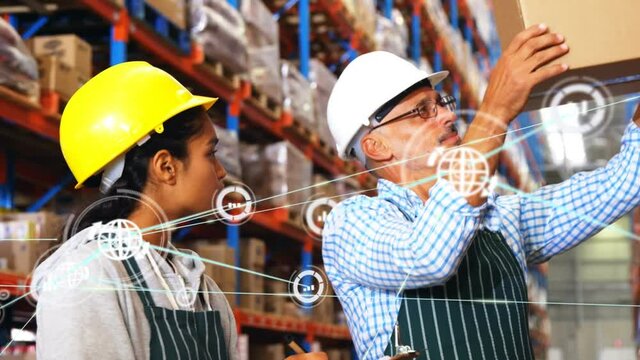 Animation of network of connections over man and woman working in warehouse