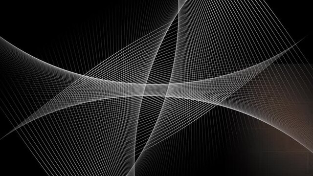 Animation of intersecting curved white parallel lines moving on black background