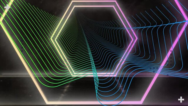 Animation of yellow and pink neon hexagons over green and blue parallel curves moving on black