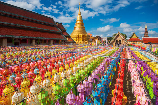 Colorful Lamp Festival and Lantern in Loi Krathong at Wat Phra That Hariphunchai, Lamphun Province Thailand
