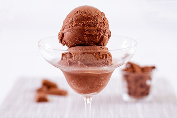 Chocolate ice cream in a glass with ingredients used to decorate the background