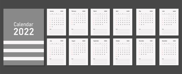 A4 calendar or planner 2022 trendy minimalistic style. Cover and 12 monthly pages. Week starts on Sunday. In grey and white colors. Template with cover in size A4 A3 A2 A5