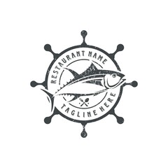 Tuna Fish and Wheel Ship Logo Design Vector Image