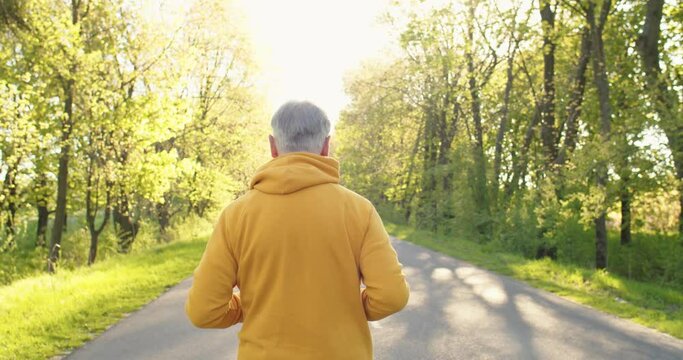 Back view. Portrait of Caucasian grey-haired man running outdoors in the morning on road in forest. Male athletic pensioner jogging outdoors. Sport lifestyle concept, healthy life, workout