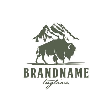 Bison and Rocky Mountain Logo Design Vector Image