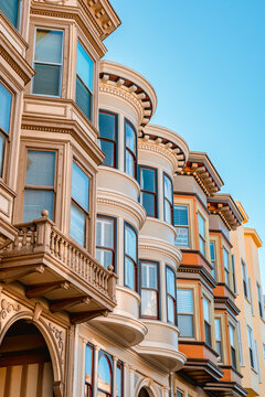 Facades of beautiful houses in San Francisco with beautiful Victorian architecture