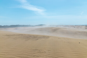 Beautiful landscape Tottori Sand Dunes (Tottori Sakyu), located near the city of Tottori in Tottori Prefecture, in sunny day with blue sky. They form the large dune system over 2.4 km in Sanin, Japan