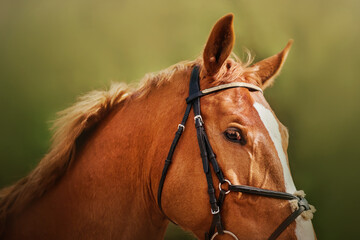 Portrait of a beautiful sorrel horse with a bridle on its muzzle on a sunny summer day close-up. Equestrian sports. Equestrian life.