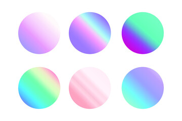 Set of Colorful Holographic Gradient Badges. Abstract backgrounds. Modern Vector Illustration. Holographic Fluid with Gradient Mesh. Retro Style. Pearlescent Graphic. Social Media Template.