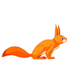 Obraz premium Squirrel watches curiously. Cartoon character of an rodent mammal animal. A wild forest creature with orange fur. Side view. Vector flat illustration isolated on a white background