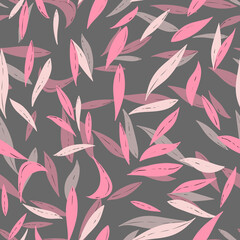 Floral seamless with hand drawn color leaves. Cute autumn background. Tropic pink branches. Modern floral compositions. Fashion vector stock illustration for wallpaper, posters, card, fabric, textile.