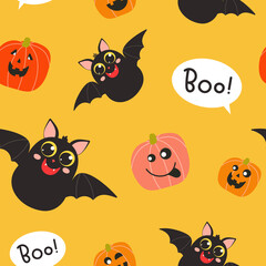 Halloween seamless vector pattern with pumpkins and funny bats in vector. Vector Halloween texture for wallpaper, wrapping, banners, printed materials.