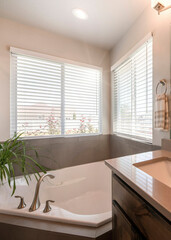 Vertical Bathroom with drop in tub and long vanity sink decorated with plants and candles on top