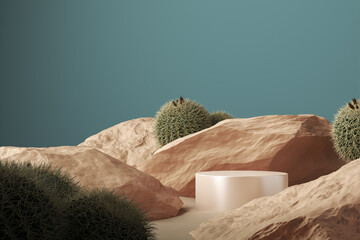 Beige shiny cylindrical platform on rocks cactus and sand scene, blue foreground, abstract background for branding or presentation. 3d rendering
