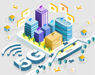 5G Smart city future abstract or metropolis.Intelligent building automation system business concept.isometric space with connected dots and lines.Vector stock illustration