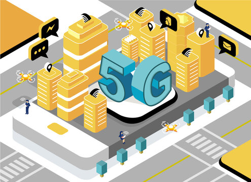 5G Smart city future abstract or metropolis.Intelligent building automation system business concept.isometric space with connected dots and lines.Vector stock illustration