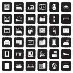 Interior Design Icons. Grunge Black Flat Design. Vector Illustration.
