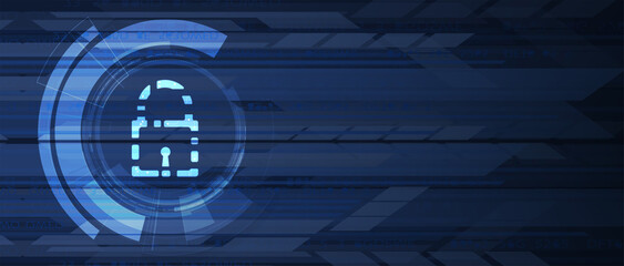 Naklejka premium internet digital security technology concept for business background. Lock on circuit board