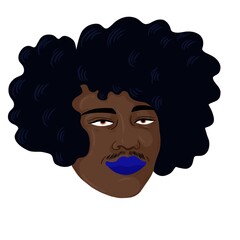 Nonbinary Person with black skin, black natural hair, and a mustache. They are wearing blue lipstick. 
