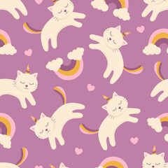 Seamless pattern with cat unicorn and rainbow. Vector illustration