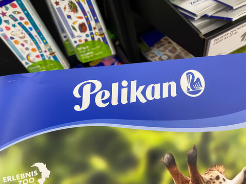 Viersen, Germany - July 9. 2021: Closeup of pelikan drawing peper pad in front of shelf in german supermarket