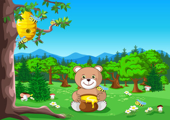 Obraz na płótnie Canvas A teddy bear with a honey pot sits under a tree with a beehive. Fairy tale vector illustration of a teddy bear in the forest.