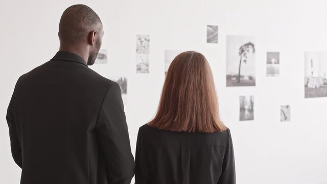 Rear view of African-American man and young Caucasian woman standing in art museum, then turning around, talking