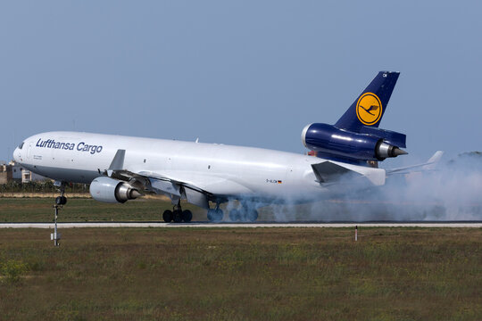 Luqa, Malta July 7, 2016: Lufthansa Cargo McDonnell Douglas MD-11(F) [D-ALCM] landing runway 31, arriving from Dakar. Very few of these aircraft are still flying nowadays.