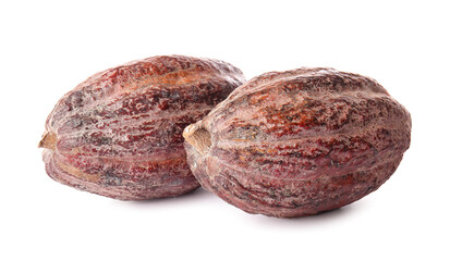 Fresh cocoa fruits on white background