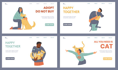 Pets Adoption Landing Page Templates Vector Set. Happy People Hugging, Playing With Dogs And Cats.