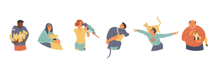 Vector Set Of Happy Pet Owners With Animals. Men And Women Holding, Hugging Cats, Dogs, Parrot, Ferret. Isolated On white.