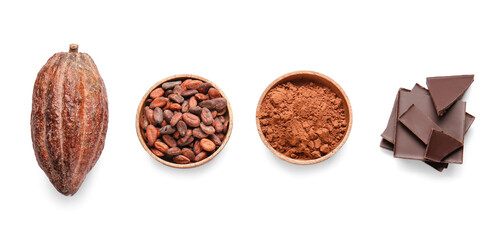 Fresh cocoa fruit, beans, powder and chocolate on white background