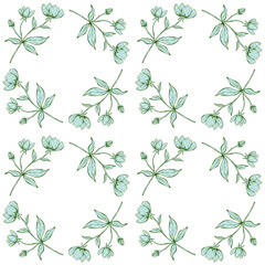 Floral seamless pattern. Beautiful botanical repeat texture with branches, leaves and flowers for print, fabric, textile, wallpaper in soft colors. Hand drawn ink illustration in line art style.