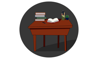 desk with school supplies, notebook, book, pencil, put on the table. vector image.