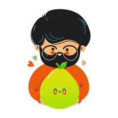 Young cute funny man hold pomelo in hand. Young man hugs cute pomelo. Vector hand drawn doodle style cartoon character illustration icon design. Isolated on white background