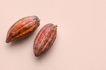 Fresh cocoa fruits on color background