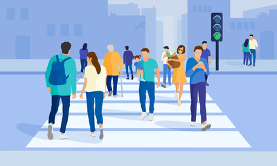 Crowd crosswalk. Crowd of people at the crosswalk. Women and men rush to cross the street along a pedestrian crossing against the backdrop of a cityscape with buildings and traffic lights. - obrazy, fototapety, plakaty