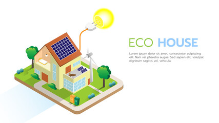 Green eco friendly house concept with solar energy panel and ecological equipment - wind turbine isometric infographic vector illustration. Suitable for diagrams, infographics and illustration - obrazy, fototapety, plakaty
