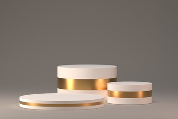 White room with blank product shelf standing backdrop. Empty podium or pedestal display with white with gold ribbon cylinder stand concept. Product place 3D render