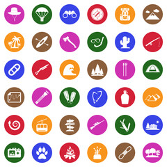 Adventure Icons. White Flat Design In Circle. Vector Illustration.