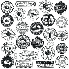 Obraz premium Vancouver, BC, Canada Set of Stamp. Vector Art Postal Passport Travel Design. Travel and Business Seals.