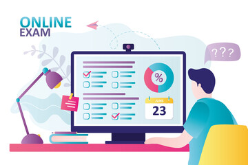 Student takes exam online at home. Concept of online education and e-testing