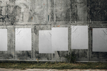 White paper poster mockup. Set of wet wrinkled and creased paper sheets with crumpled texture,...