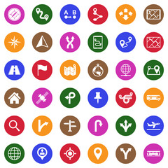 GPS And Navigation Icons. White Flat Design In Circle. Vector Illustration.