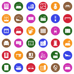 Interior Design Icons. White Flat Design In Circle. Vector Illustration.