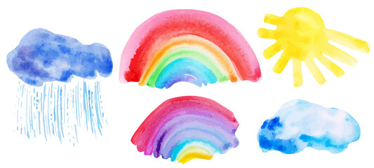 Watercolor hand drawn abstract nature set with rainbows, cloud, rain, sun