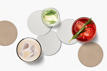 White round Drink Coasters Mockup. Top view. 3D Illustration
