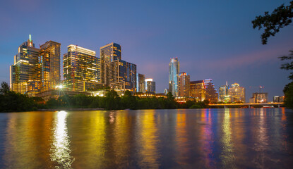 Downtown Skyline of Austin, Texas in USA. Austin Sunset on the Colorado River.